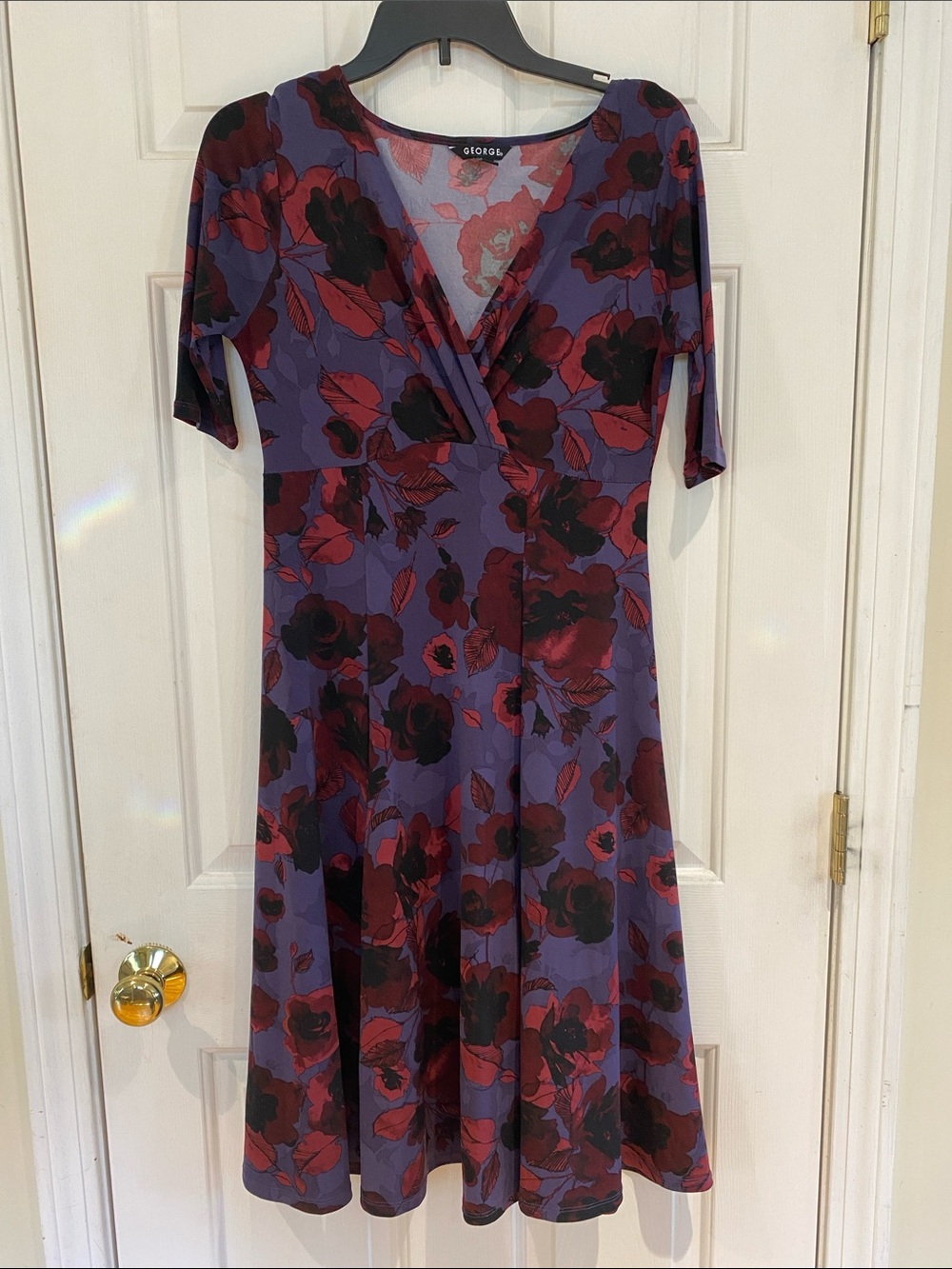 George Purple Floral Wrap-Style Midi Dress with Red & Black Blooms